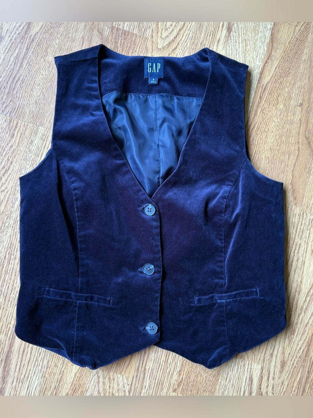 GAP Velvet Button Vest Waistcoat Navy Blue Office Tailored Layering Sz S - Picture 3 of 12